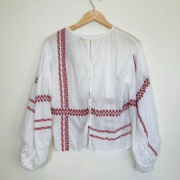 Joie Boho White Semi-Sheer Button-Back Bishop-Sleeved Embroidered Peasant top - Picture 5 of 10